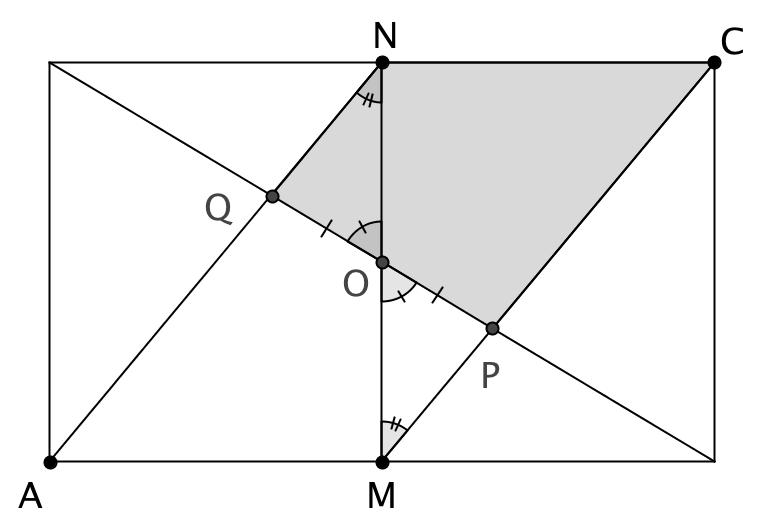 Além disso, os ângulos assinalados em O são iguais, pois são opostos pelo vértice; além disso temos OP = OQ, pois O é o centro do retângulo.