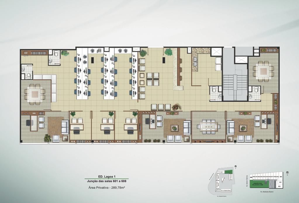 SALA DE 289M 2 Notas: - Planta ilustrativa com sugestão de decoração. - O mobiliário, objetos, divisórias, revestimentos e equipamentos são mera sugestão e não farão parte da unidade autônoma.