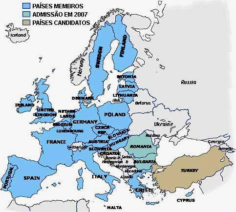 UNIÃO EUROPEIA Atualmente de 27 Estados membros, a saber: Alemanha, Áustria, Bélgica, Bulgária, Chipre, Dinamarca, Eslováquia, Eslovênia, Espanha, Estônia, França, Finlândia, Grécia, Holanda,