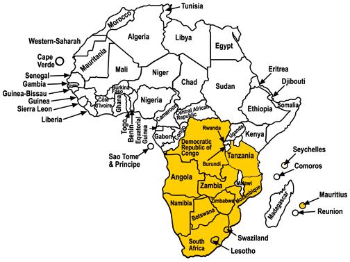 SADC - Comunidade Para o Desenvolvimento da África Austral Países Membros:África do Sul, Angola, Botsuana, Lesoto, Malavi, Maurício, Moçambique, Namíbia, República Democrática do