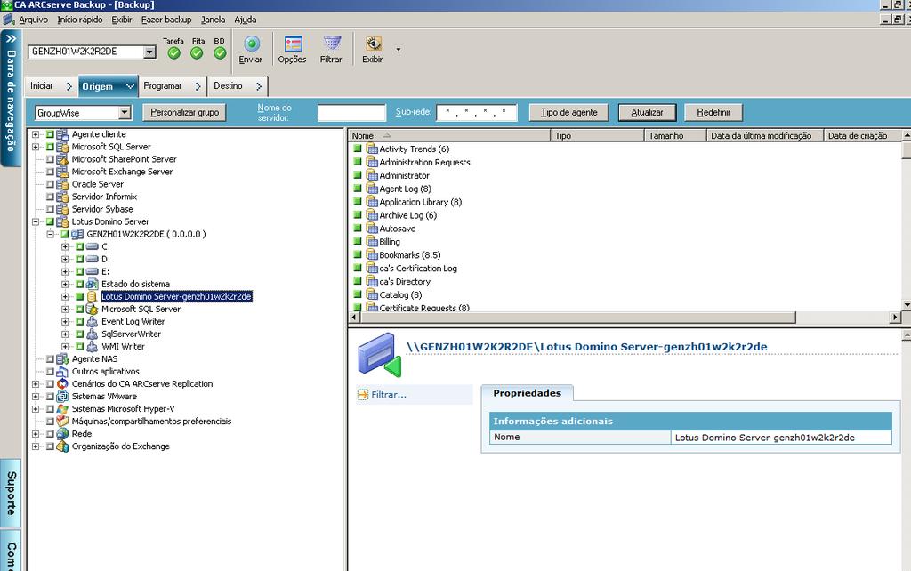 Backup de dados 2. Na guia Origem, expanda o servidor host que contém o servidor Lotus Domino do qual deseja fazer o backup.