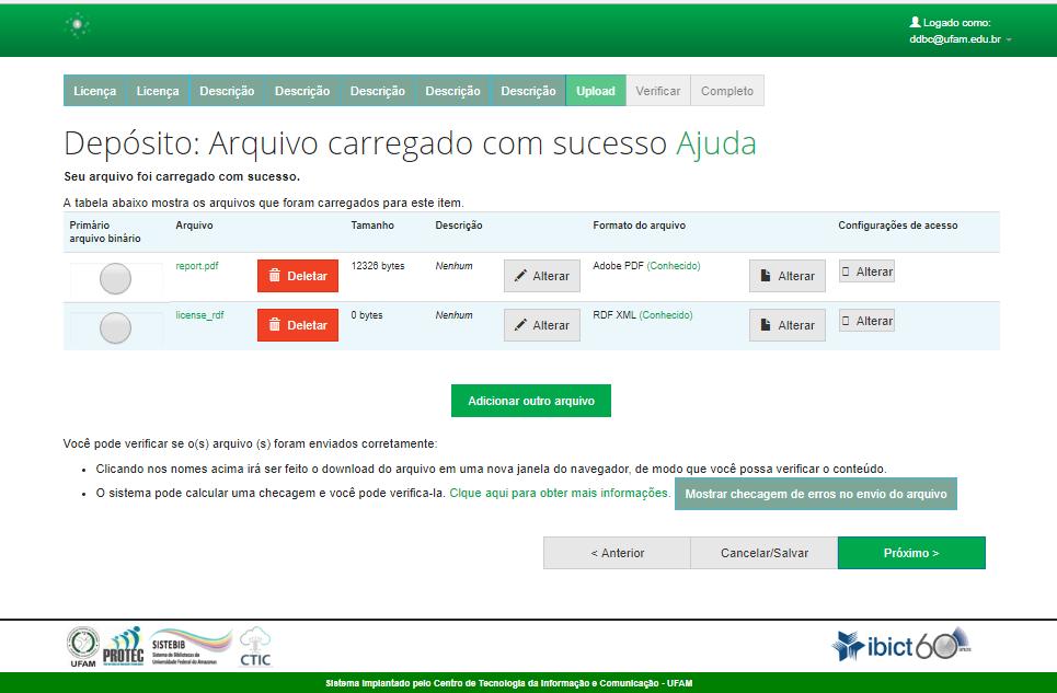 Na página seguinte, o RIU informa quais arquivos foram carregados com sucesso.