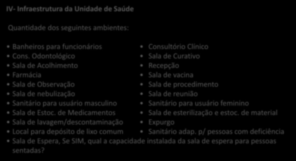 DADOS DO CENSO DAS UBS IV- Infraestrutura da Unidade de Saúde Quantidade dos seguintes ambientes: Banheiros para funcionários Consultório Clínico Cons.