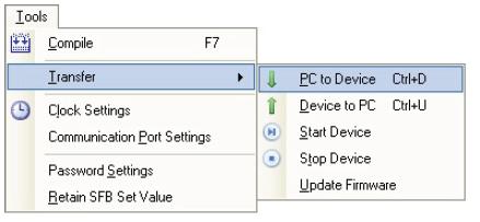 Download do Projeto Após compilar o programa e corrigir os erros identificados (se houver), para efetuar o download do PC para o Dispositivo: Clicar na guia Tools -> Transfer -> Clicar em PC