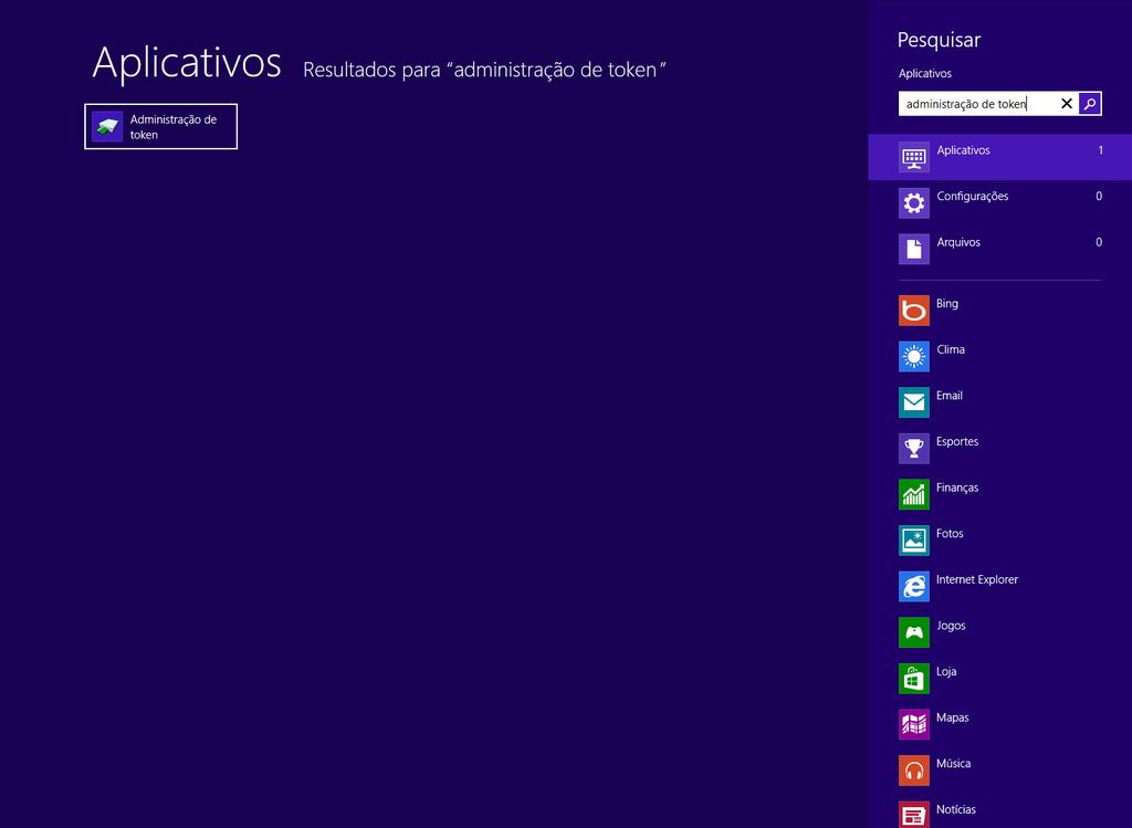 No sistema de busca, pesquise pelo termo administração de token e clique sobre o aplicativo encontrado. No sistema de busca, pesquise pelo termo administração de token.