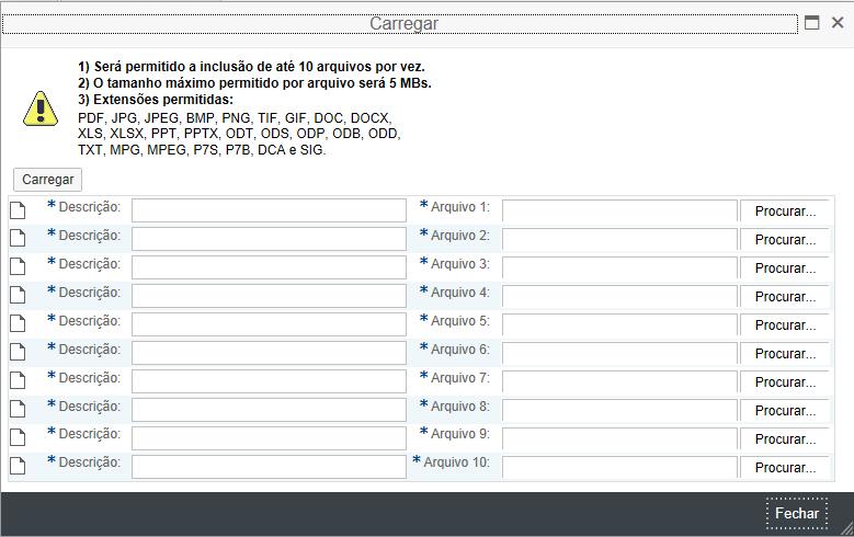 1. A tela exibirá informações importantes sobre a inclusão de anexos, como tamanho máximo e extensões permitidas. 2.