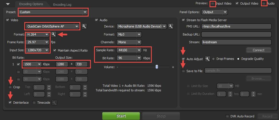 3. Aparalho: Selecione a webcam apropriada usando o menu suspenso se a seleção não tiver sido feita por padrão 4. Formato: H.264 5. Formato Avançado: Perfil = Main; Level = 3.