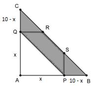 b) Para calcular f(8) basta subtrair a área do triângulo APQ da área do triângulo ABC: f(8) = 50 8.