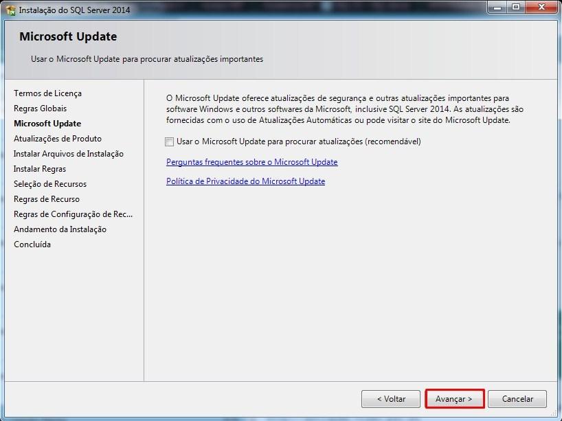 Seguindo para a tela Microsoft Update, caso deseje receber atualizações automáticas do Windows