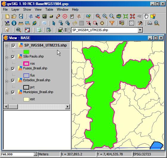 Com a projeção da Vista modificada, clique no botão Add Layer para trazer o polígono alterado: Figura 13. Adicionando uma camada ao projeto do gvsig.