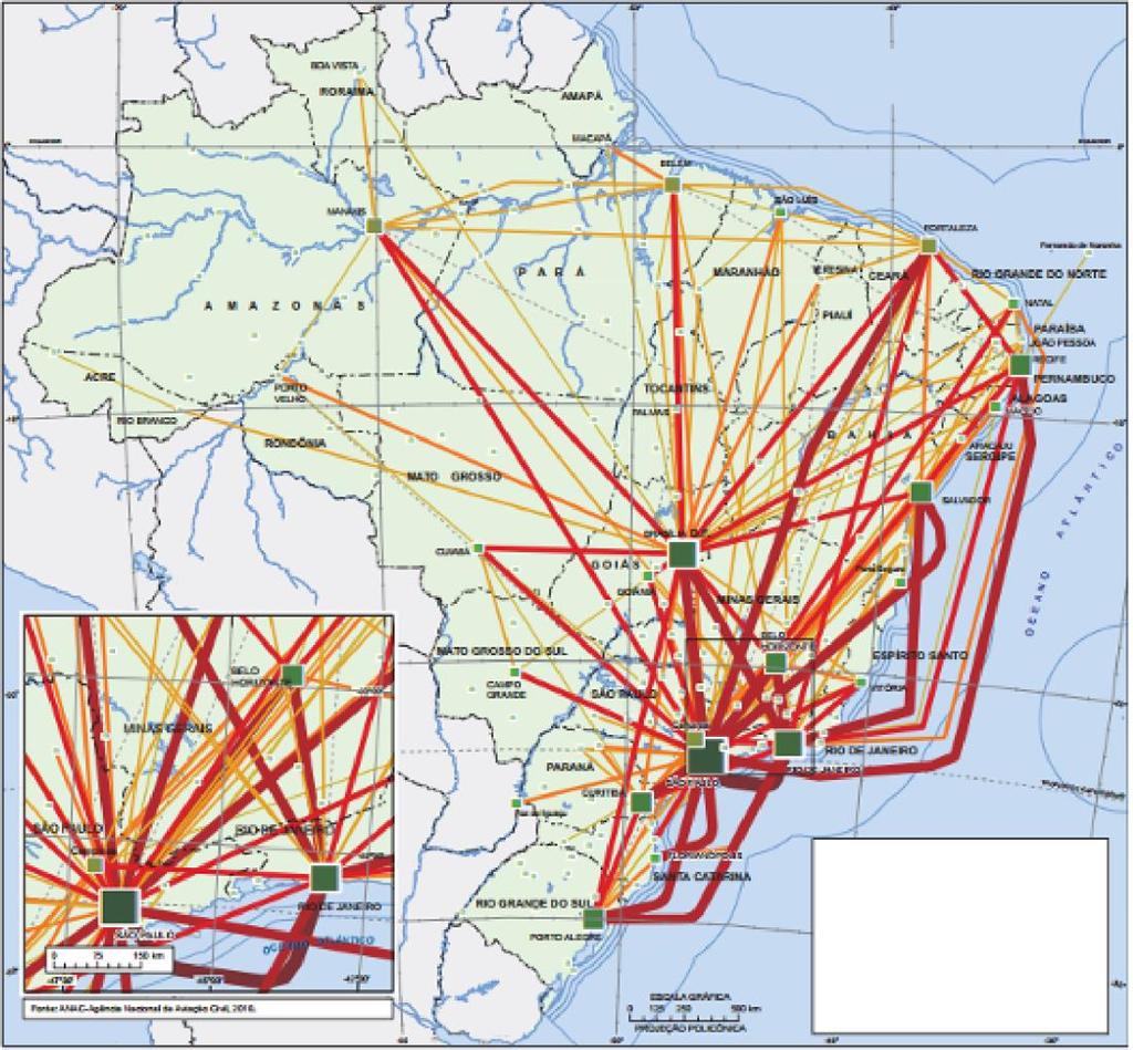 6. (Uerj) No mapa, são informados tanto a intensidade dos fluxos de passageiros por via aérea quanto o correspondente movimento de passageiros em cada cidade, no ano de 2010.