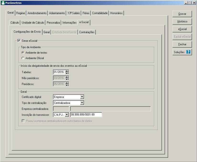 Como configurar os Parâmetros da empresa para envio ao ambiente de teste do esocial? Como conferir os cadastros para envio do esocial?