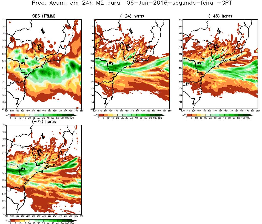 Figura F8. Precipitação acumulada em 24h observada e das previsões de 24, 48 e 72h, para 06 de junho de 2016 às 1200 UTC dos modelos M1 (a), M2 (b) e M3 (c).