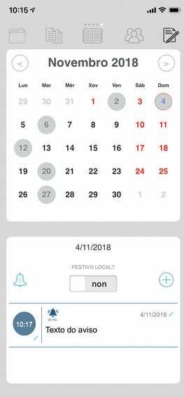 Podes escoller entre tes tipos de vista: - mes (permite engadir editar anotacións) - curso: amosa o calendario do curso elixido sinalando días festivos e aqueles que teñan anotacións - anual: amosa o