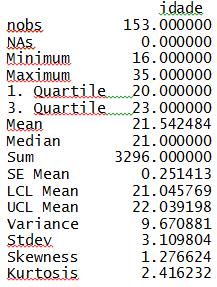 utilizando o comando basicstats(variável quantitativa,ci=0.90..0.99). Exemplo para a variável idade: basicstats(idade,ci=0.