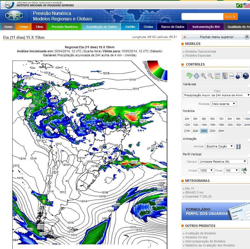 15-km, 11-day Eta Model Weather Forecasts - Previsão horizonte 11 dias - Histórico para calibração de modelos de cultura ou hidrológicos: 2005-2010