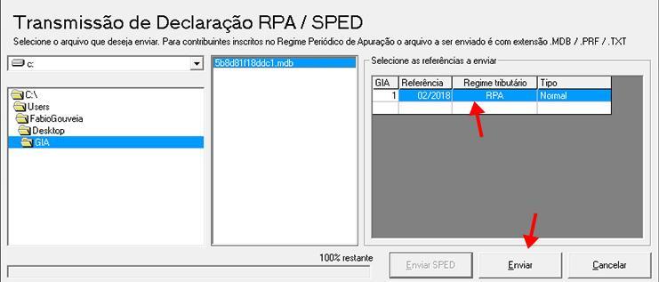 Transmissão de arquivo RPA/SPED Após a seleção do arquivo, o aplicativo
