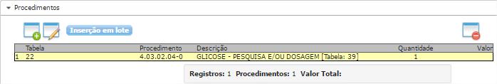 Já os ícones identificados por e sinal de, devem ser utilizados para editar ou remover procedimentos já inseridos.