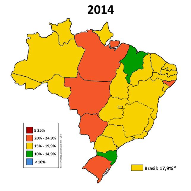 Análise Especial da evolução da obesidade no Brasil obesidade foram dividas em categorias de cores: azul (<10%), verde (10% a 14,9%), amarelo (15% a 19,9%), laranja (20% a 24,9%) e vermelho ( 25%).