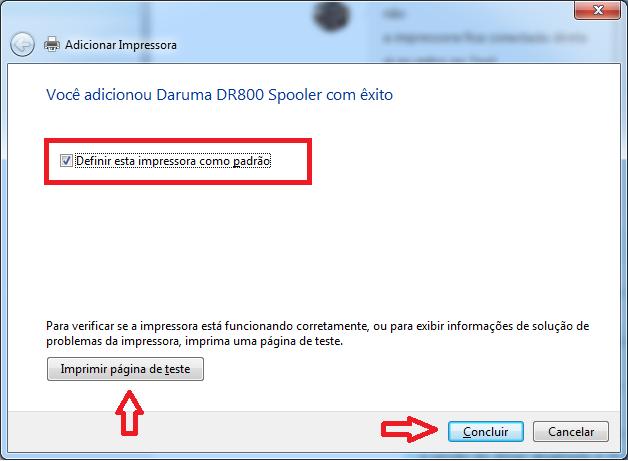 Após isso a ultima tela te dá opção de definir a impressora como padrão e de imprimir uma pagina de teste, após escolher você deve clicar