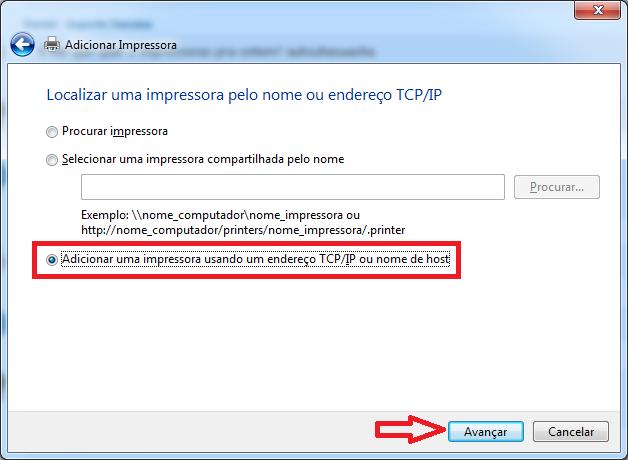 Clique em Adicionar uma impressora usando um endereço TCP/IP ou nome de host e clique em Avançar: Você deve digitar aqui o IP da impressora somente*, desmarque também o quadrinho Consultar a