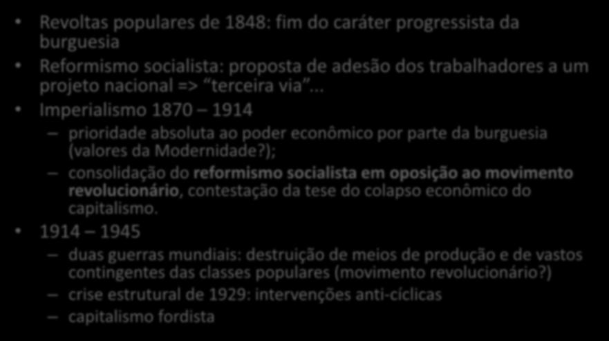 Contexto histórico Revoltas populares de 1848: fim do caráter progressista da burguesia Reformismo socialista: proposta de adesão dos trabalhadores a um projeto nacional => terceira via.