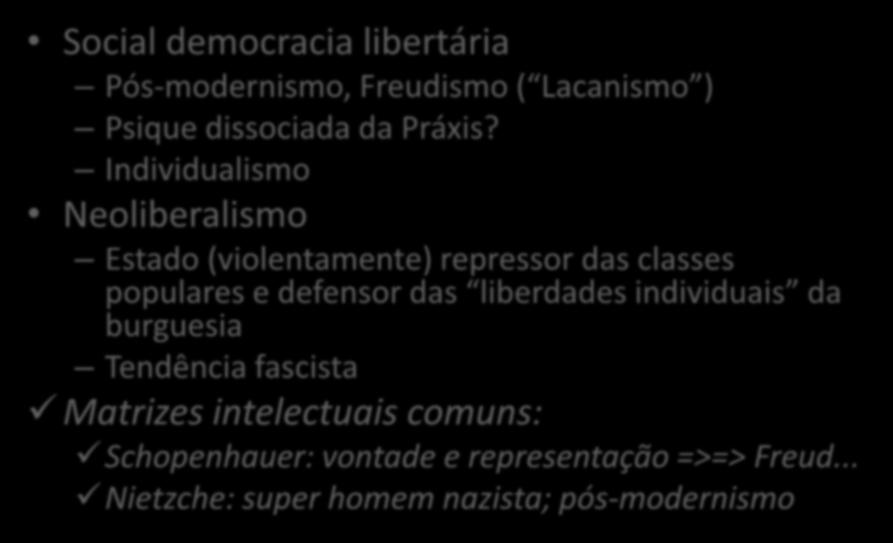 Social democracia libertária e o Neoliberalismo Social democracia libertária Pós-modernismo, Freudismo ( Lacanismo ) Psique dissociada da Práxis?