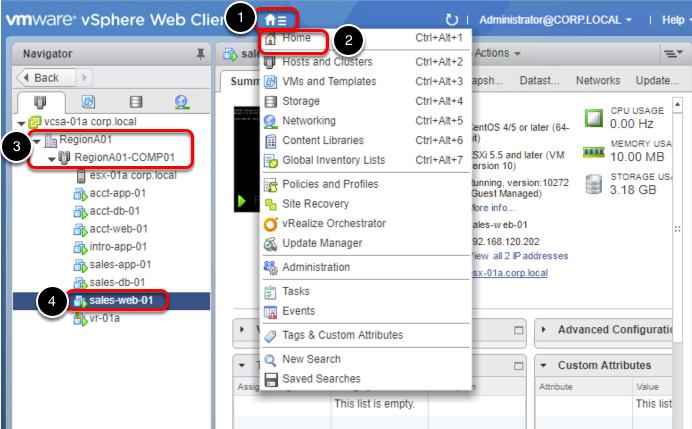 Verificar replicação no vcenter (continuação) 1. No RegionA vcenter Web Client, selecione o botão Home. 2.