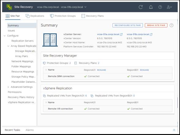 Analise a UI HTML5 do Site Recovery (continuação) Na guia Site Pair, a página Summary mostra o seguinte: As informações do vcenter e do Platform Services Controller de cada site do pareamento.