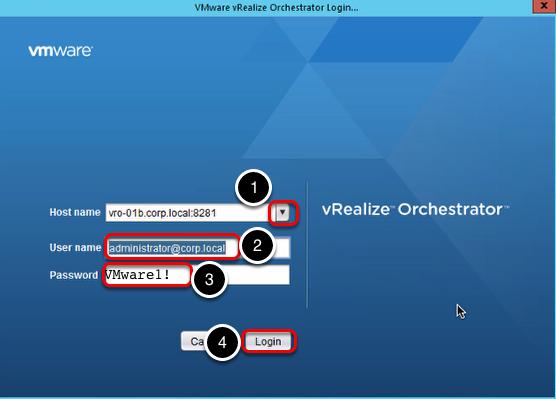 Fazer login no vsphere Orchestrator Client Depois que o vrealize Orchestrator Client for renderizado, o nome do host e o nome do usuário já estarão exibidos. 1.
