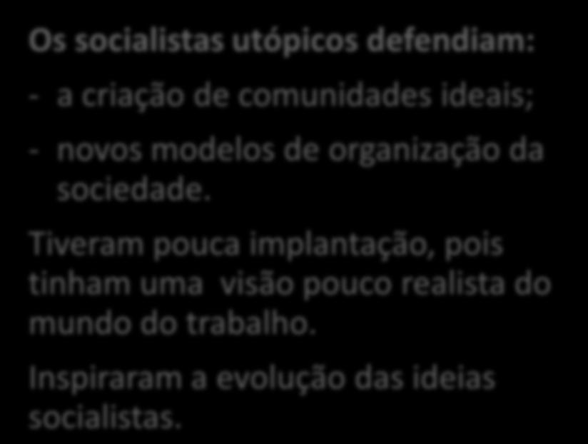 Os socialistas utópicos defendiam: a criação de comunidades ideais; novos