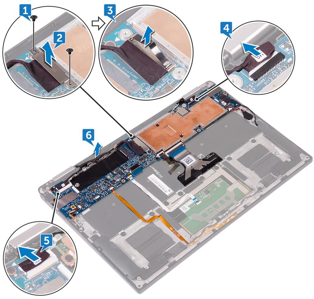 7 Abra a trava e desconecte o cabo do botão liga/desliga da placa de sistema. 8 Abra a trava e desconecte o cabo do leitor de impressão digital da placa de sistema.