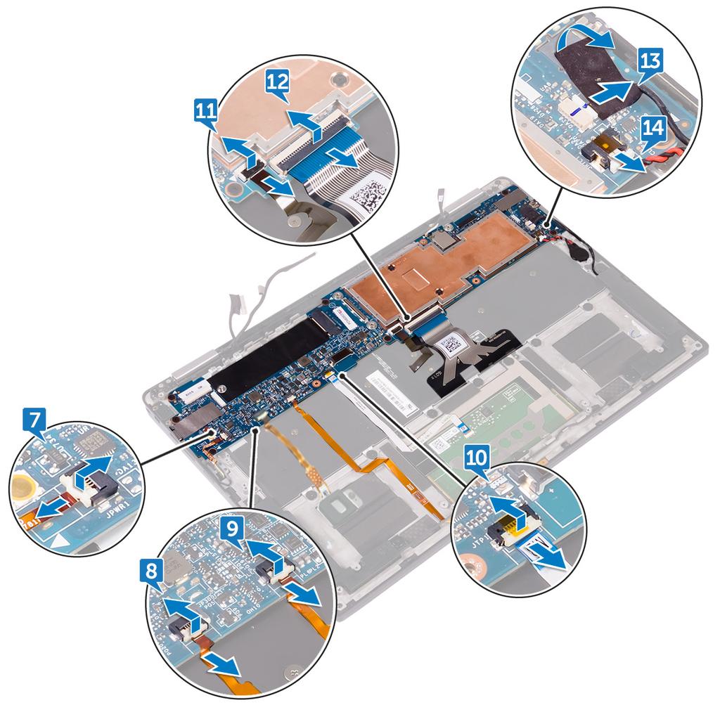 11 Abra a trava e desconecte o cabo da luz de fundo do teclado da placa de sistema. 12 Abra a trava e desconecte o cabo da placa de controles do teclado da placa de sistema.