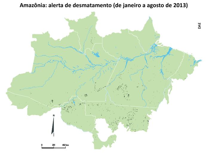 10) Observe o mapa a seguir. Nele estão representadas as áreas-alvo de alerta de desmatamento pelo Instituto Nacional de Pesquisas Espaciais (Inpe) no período de janeiro a agosto de 2013.