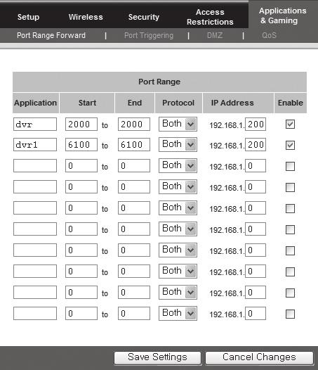 LINKSYS WRT54G 1. Clique em <Application & Gaming>. 2. Defina o reencaminhamento de porta para <Web Port>. 2-1. No campo <Application> introduza um nome para a porta do DVR. Por exemplo, DVR 1 2-2.