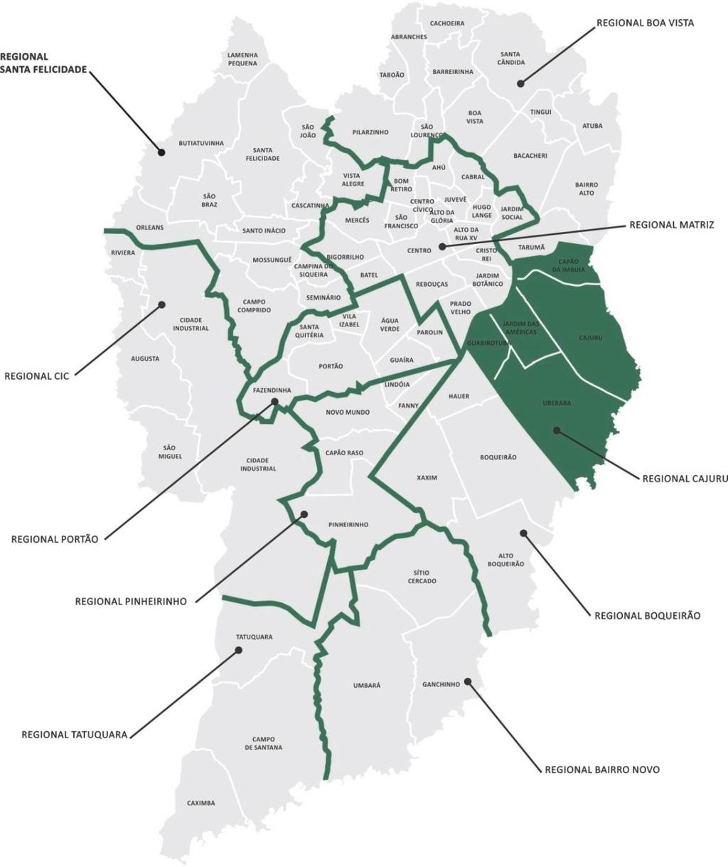 1. Apresentação A Regional Cajuru localiza-se a leste da cidade, fazendo divisa com os Municípios de São José dos Pinhais e Pinhais e com as Regionais Boqueirão, Matriz e Boa Vista.