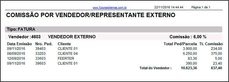 Modelo: Pedido Vendedor Externo 2 Gera o relatório de comissões agrupados por Tipo de