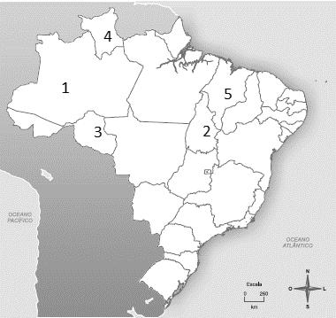 25 - Observe o mapa político do Brasil. Respectivamente os números 1, 2,3,4 e 5 são: a) Amazonas, Tocantins, Roraima, Roraima e Piauí. b) Amazonas, Tocantins, Rondônia, Roraima e Maranhão.