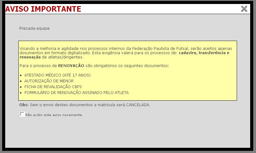 4a- AVISO IMPORTANTE Ao clicar em Atleta - Renovação irá aparecer o seguinte