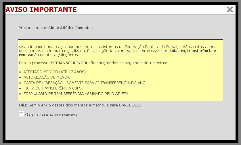 5a- AVISO IMPORTANTE Ao clicar em Atleta - Transferência irá aparecer o seguinte