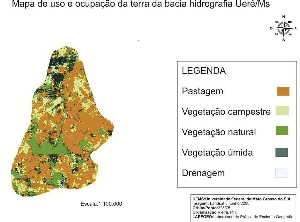 Figura 2 Mapa de uso e ocupação da terra de 2006 É possível notar a predominância da área de pastagem em toda a bacia hidrográfica, por todo o percurso do córrego encontramos vegetação úmida, o que