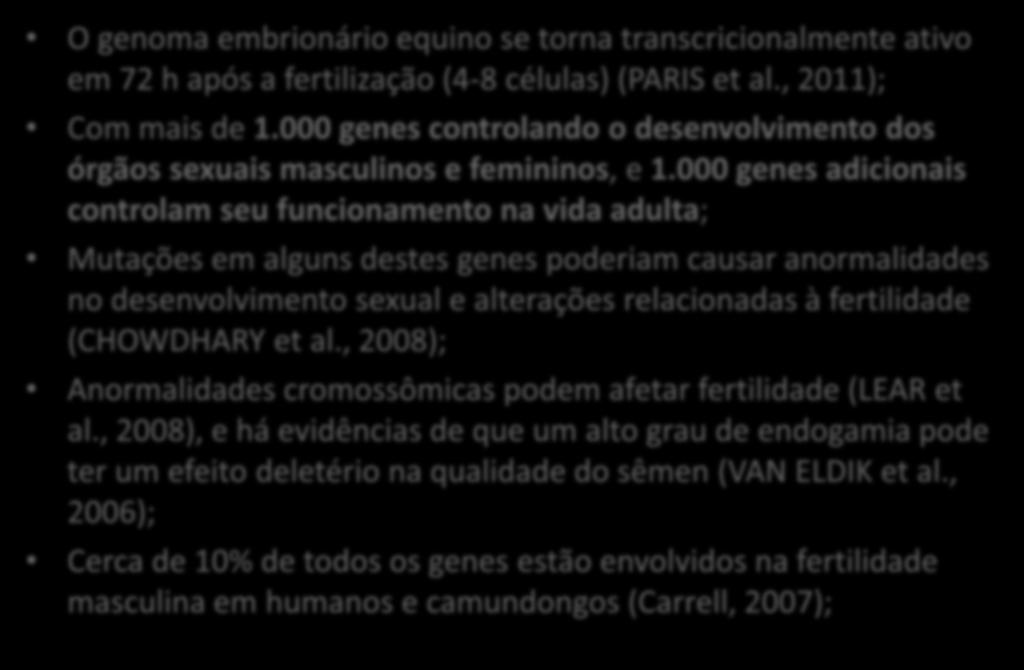 Genômica aplicada à reprodução de equinos O genoma embrionário equino se torna transcricionalmente ativo em 72 h após a fertilização (4-8 células) (PARIS et al., 2011); Com mais de 1.