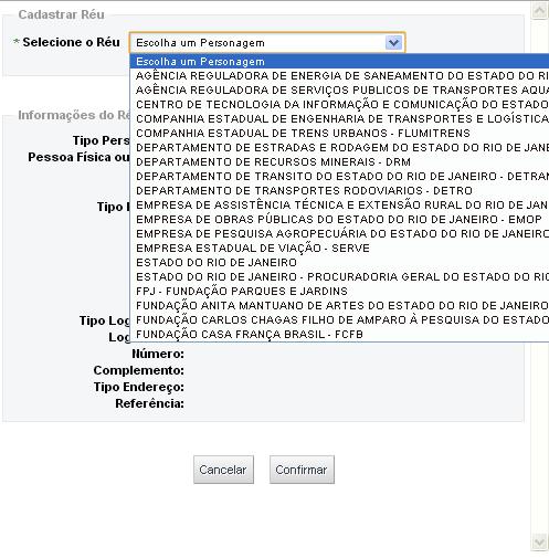 3.6.2 Cadastro de Réu em Juizado Fazendário Para cadastro de réu em Juizado Fanzendário as seguintes opções serão apresentadas: 3.6.2.1 Cadastro de Réu Ao selecionar Cadastrar Réu a seguinte tela será apresentada.