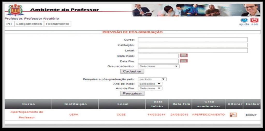 Na página de formação acadêmica o professor pode cadastrar ou excluir formações acadêmicas.