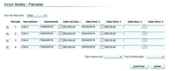 Observações: 1. Caso selecione o vencimento do boleto a ser cadastrado como "Parcelado", após clicar no botão OK, o sistema exibirá as parcelas a serem cadastradas.
