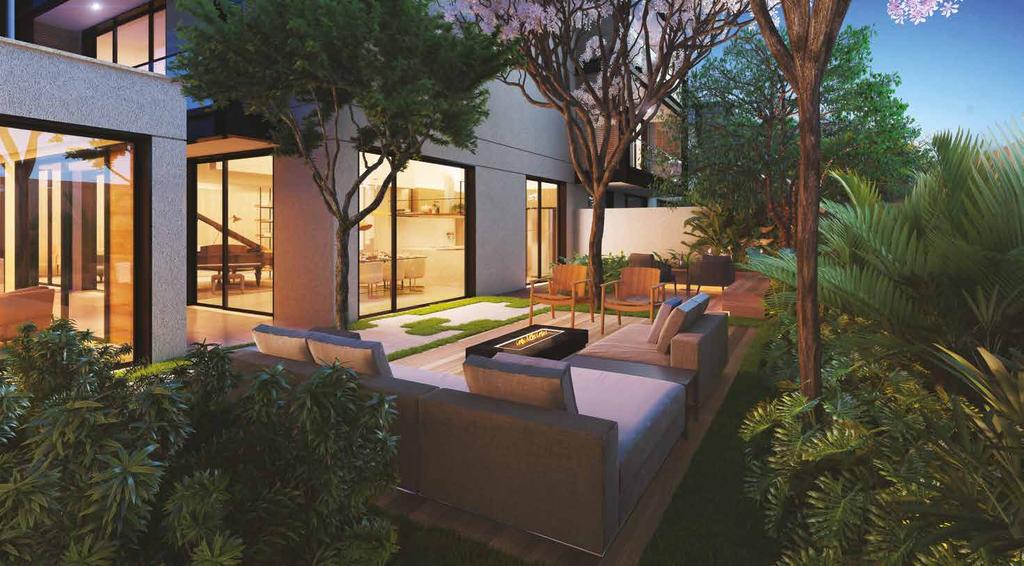 Perspectiva ilustrada do lounge área externa e jardim da Casa 6 com sugestão de paisagismo (respeitando o projeto