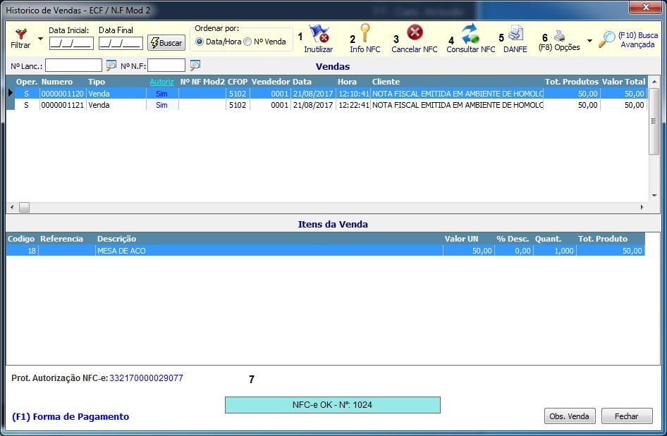 Histórico de Vendas 7 Campo 1: Selecione essa opção caso ocorra algum problema ao enviar a NFC e o numero da NF não seja utilizado.. Campo 2: Essa opção mostra as informações da NFC.