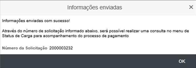 VI. Envio de Documento Fiscal Não Eletrônico (modelo 00) Será exibida a confirmação do envio das informações e o Número da Solicitação.