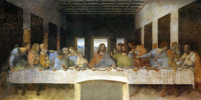 A Última Ceia Da esquerda para a direita: Bartolomeu, Tiago Menor e André; no segundo grupo Pedro (cabelo branco inclinado sobre Judas Iscariote, Judas Iscariote e João;