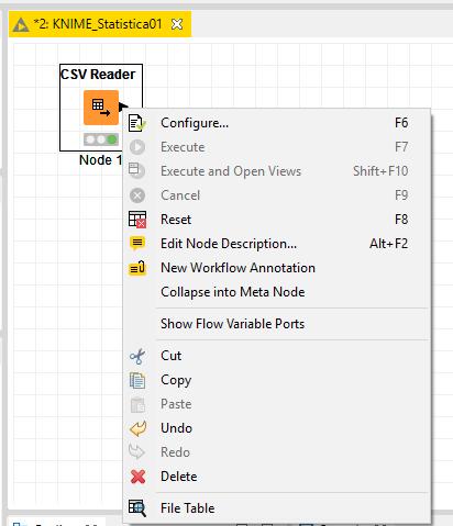 Após configurar o nó clique em OK e depois de retornar ao workflow selecione o nó e clique no triangulo verde (Execute Selected F7). Note se a luz do nó fica alterada de vermelha para verde.